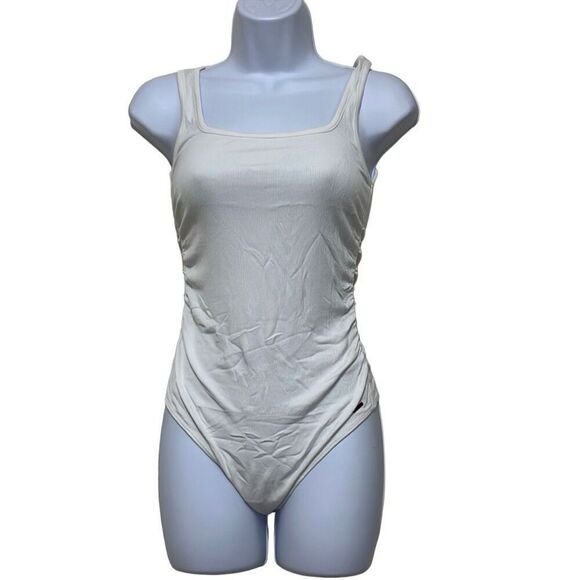 Revolve nPhilanthropy White Ribbed Prince Tank Thong Bodysuit Ruched Side Med NW - Picture 1 of 12